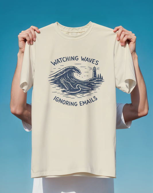 Watching Waves Ignoring Emails Surf graphic tee back design – Comfort Colors – Slow Life Club