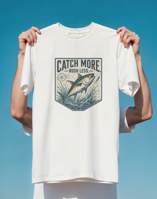 Catch More Rush Less Fishing graphic tee back design – Comfort Colors – Slow Life Club