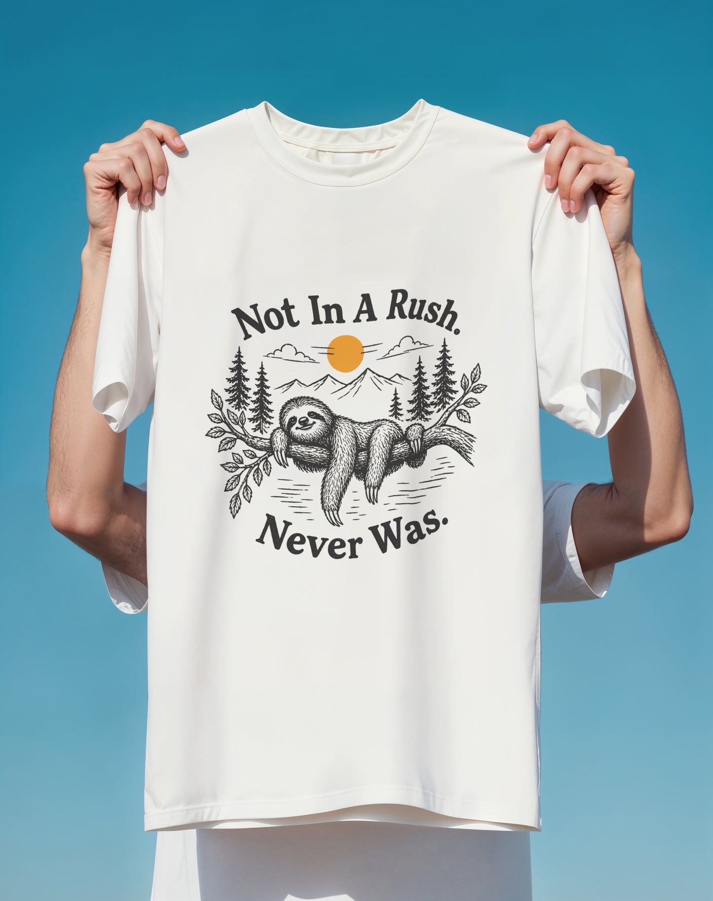 Not In A Rush Sloth graphic tee back design – Comfort Colors – Slow Life Club
