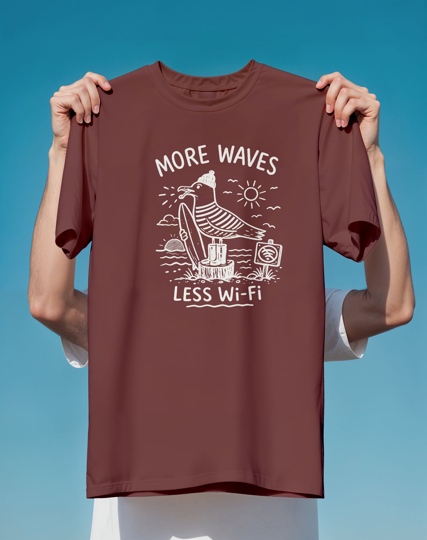 More Waves Less WiFi Seagull Surf – garment-dyed relaxed fit tee – Slow Life Club