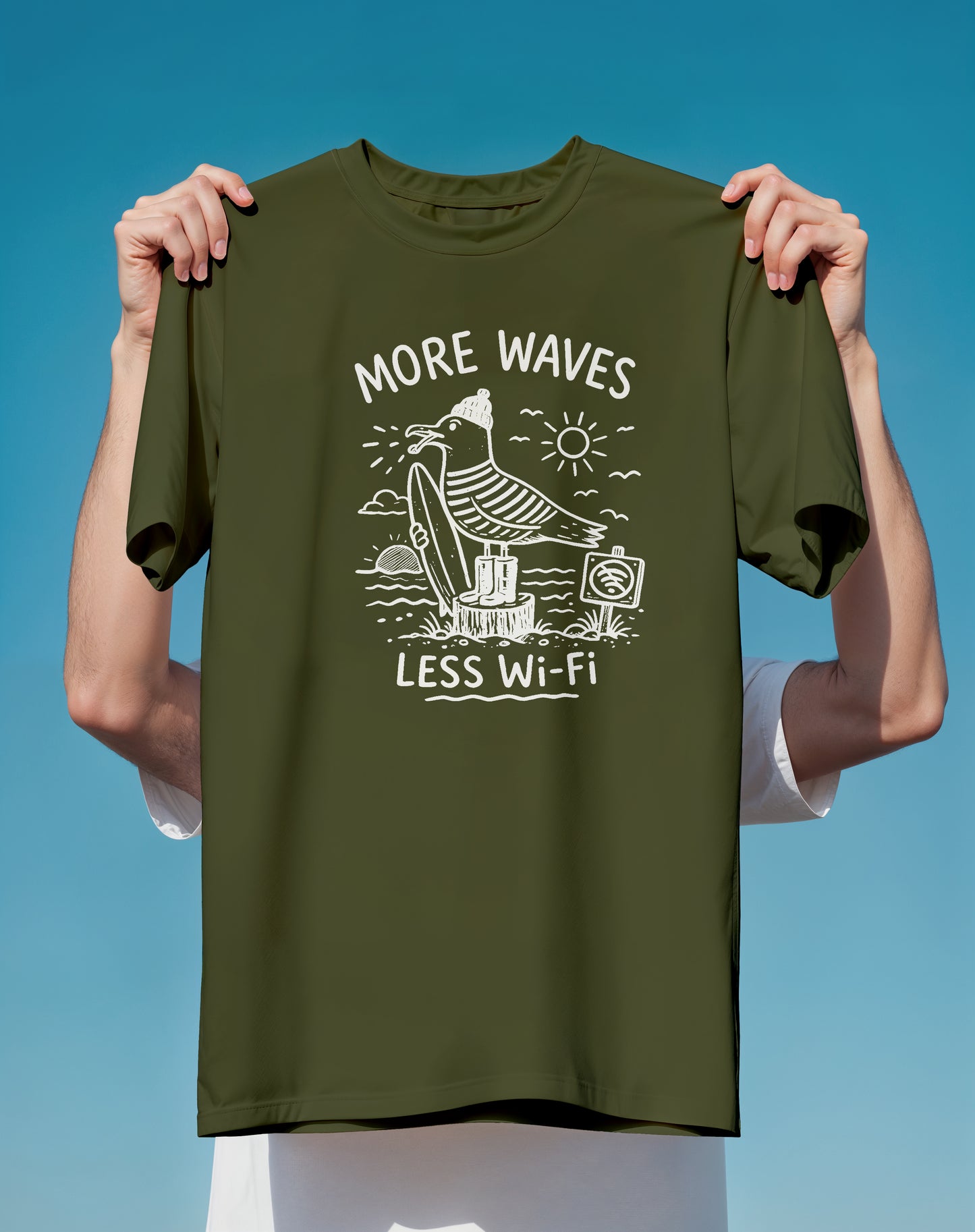 More Waves Less WiFi Seagull Surf – garment-dyed relaxed fit tee – Slow Life Club