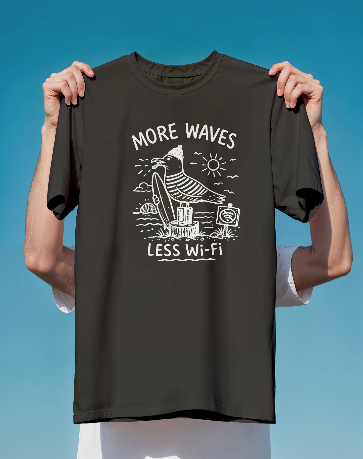 More Waves Less WiFi Seagull Surf – garment-dyed relaxed fit tee – Slow Life Club