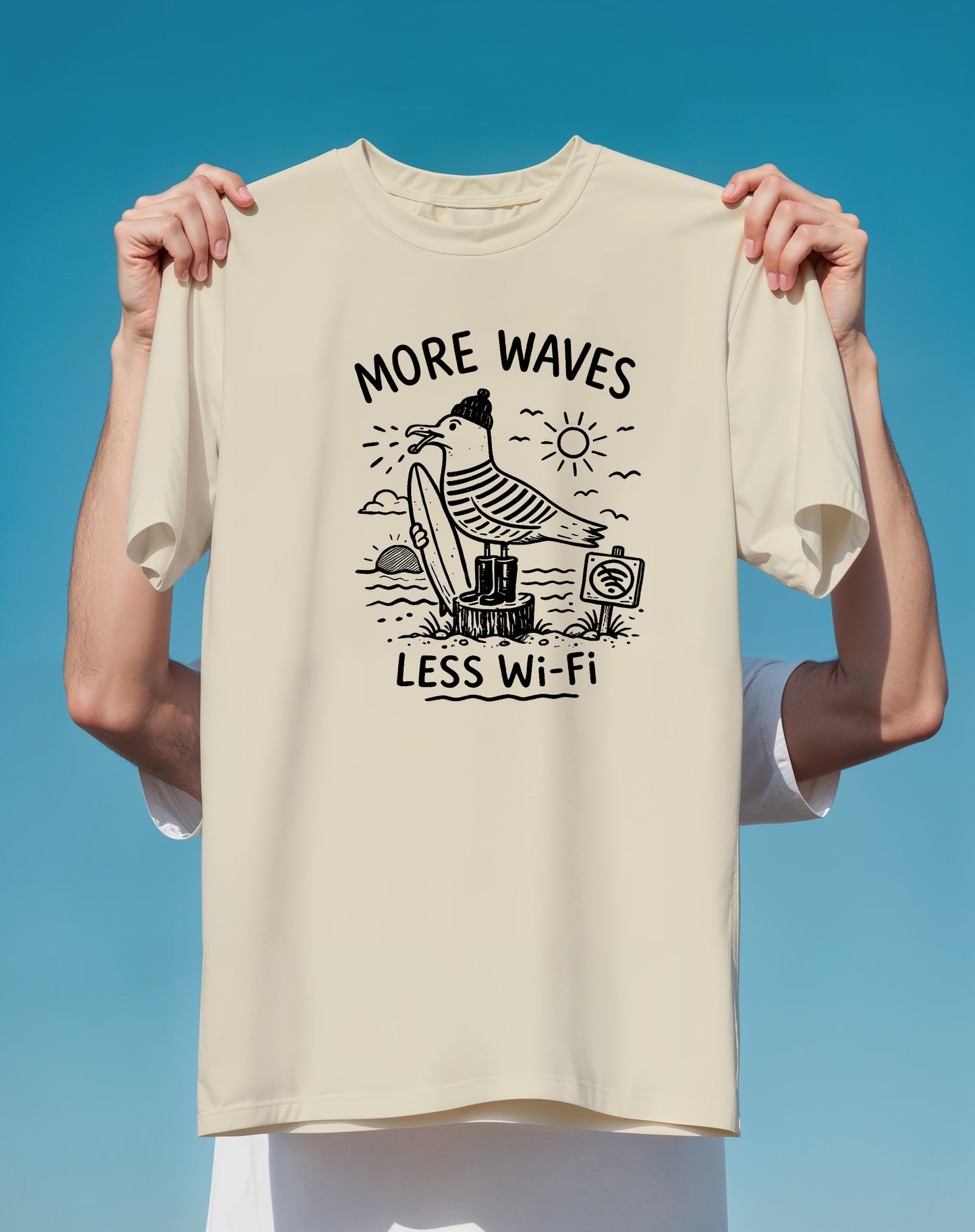 More Waves Less WiFi Seagull Surf graphic tee back design – Comfort Colors – Slow Life Club