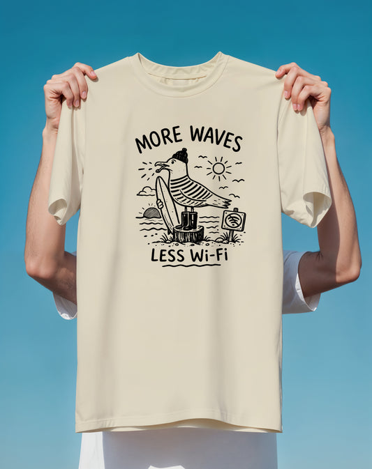 More Waves Less WiFi Seagull Surf graphic tee back design – Comfort Colors – Slow Life Club
