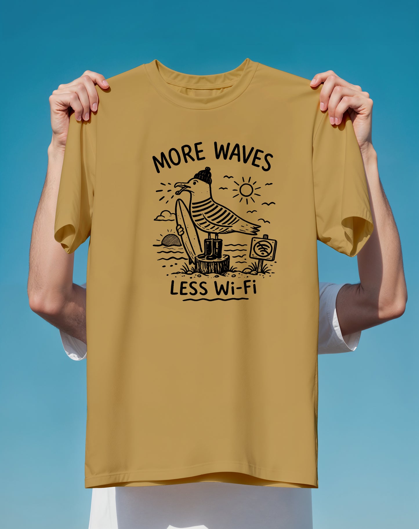 More Waves Less WiFi Seagull Surf – garment-dyed relaxed fit tee – Slow Life Club