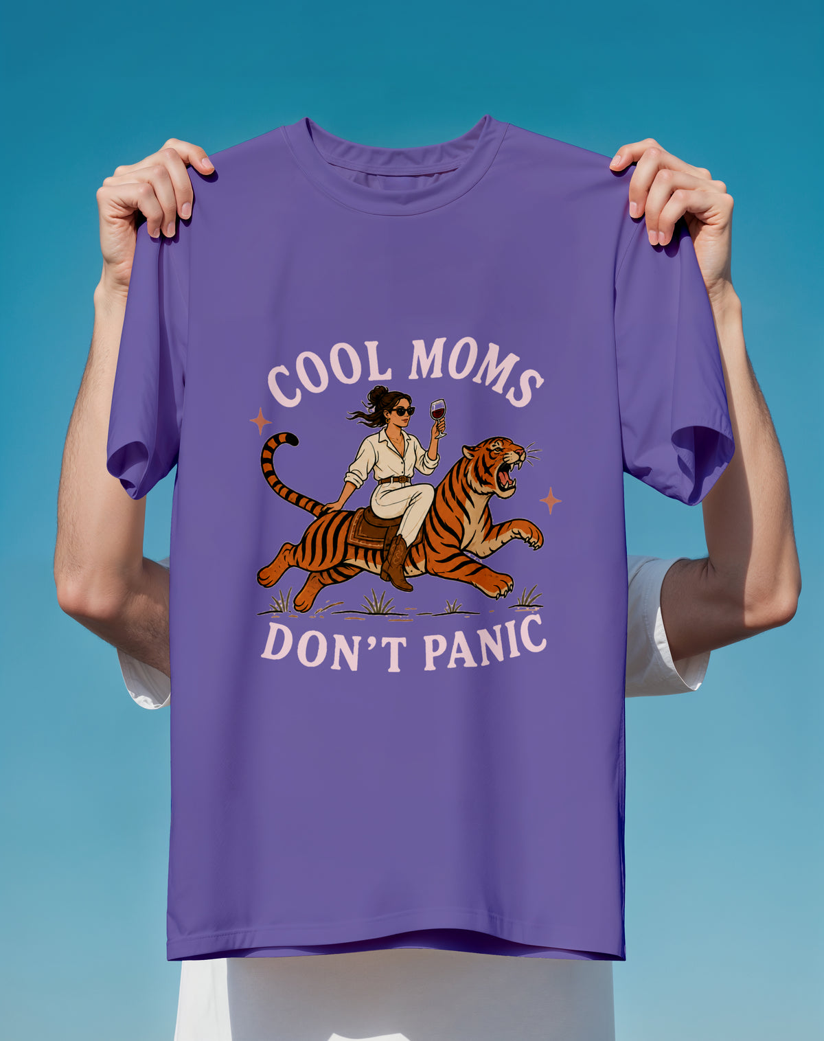 T-Shirt  "Cool Moms Don’t Panic" Graphic Tee (Mom Life, Tiger Ride)