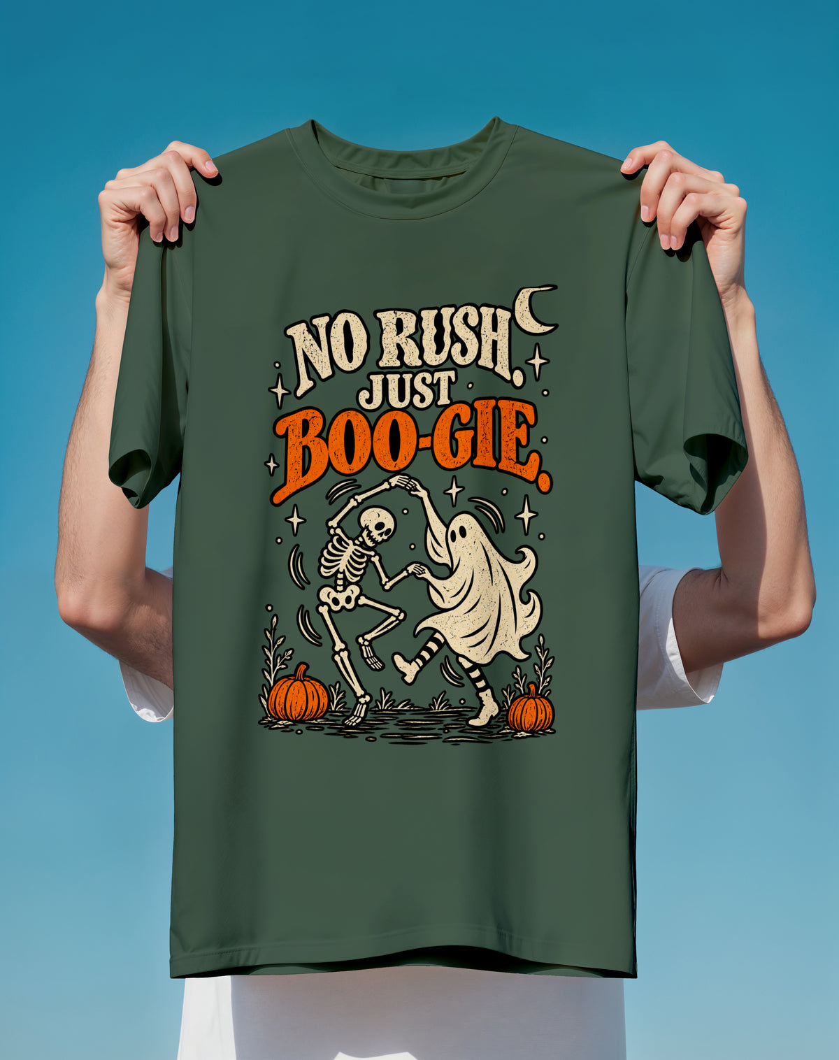 No Rush Just Boo-gie Halloween T-Shirt — Dancing Skeleton & Ghost Pumpkin Tee