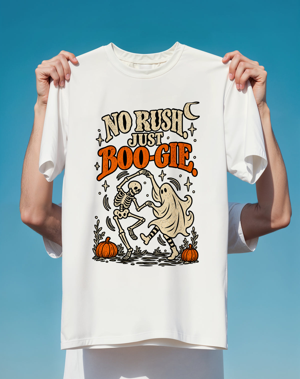 No Rush Just Boo-gie Halloween T-Shirt — Dancing Skeleton & Ghost Pumpkin Tee