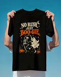 No Rush Just Boo-gie Halloween T-Shirt — Dancing Skeleton & Ghost Pumpkin Tee