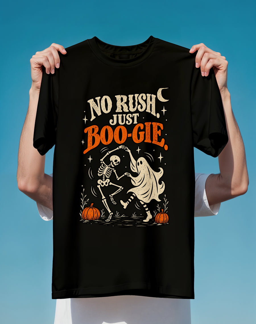 No Rush Just Boo-gie Halloween T-Shirt — Dancing Skeleton & Ghost Pumpkin Tee