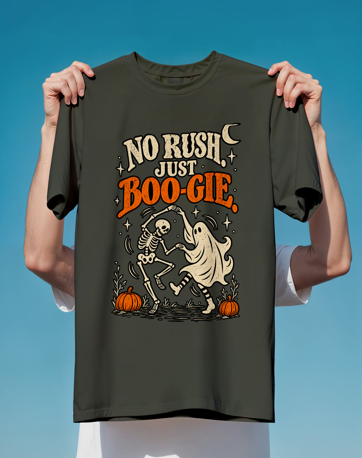 No Rush Just Boo-gie Halloween T-Shirt — Dancing Skeleton & Ghost Pumpkin Tee