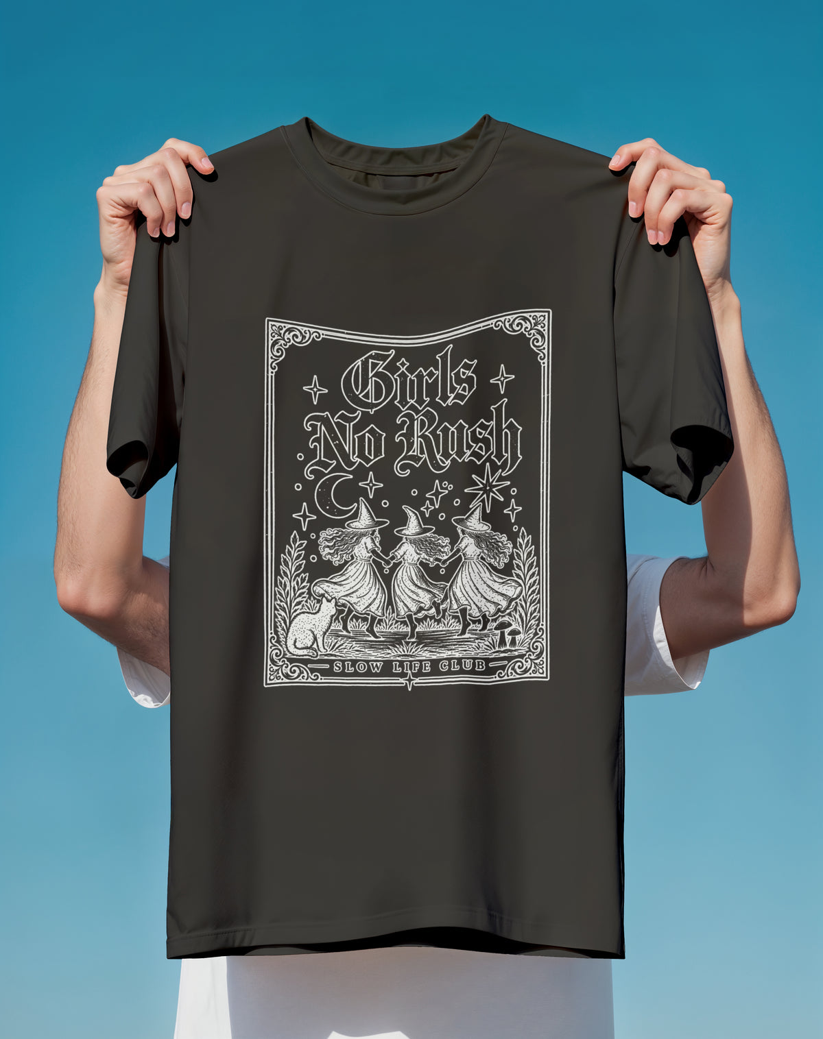 Girls No Rush Tee — Vintage Witchy Illustration T-Shirt